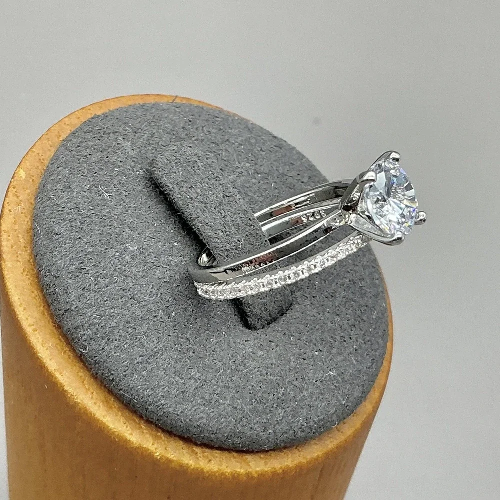 Ring Size 6.25 Silver Tone Clear Round Solitaire 2 Band Bridal Cocktail Womens
